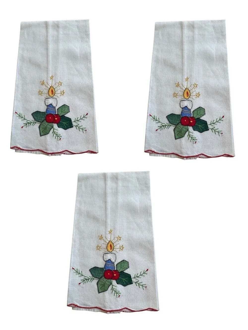 Vintage Christmas Embroidered Dinner Napkins / Tea Towels Candle w/Holly